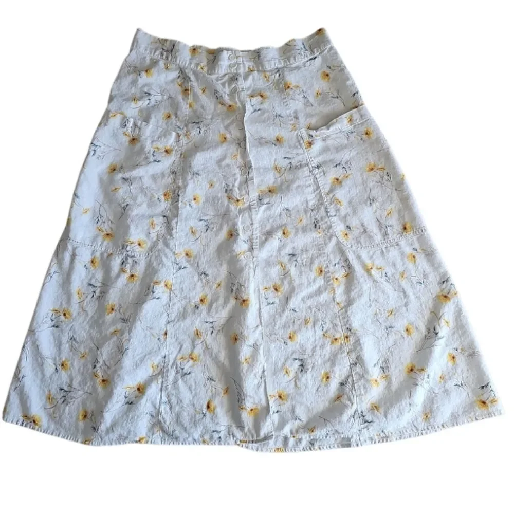 Happy Nature Linen Blend Floral Skirt Women’s 14 Cream Yellow Midi Cottagecore